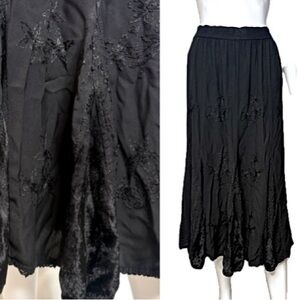 Vintage Arella Leather & Sportswear Black Embroidered Velvet Gored Midi Skirt